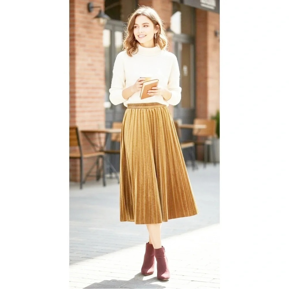Chelsea28 Marigold Velvet Midi Skirt Pleated A-Line Boho Women’s L